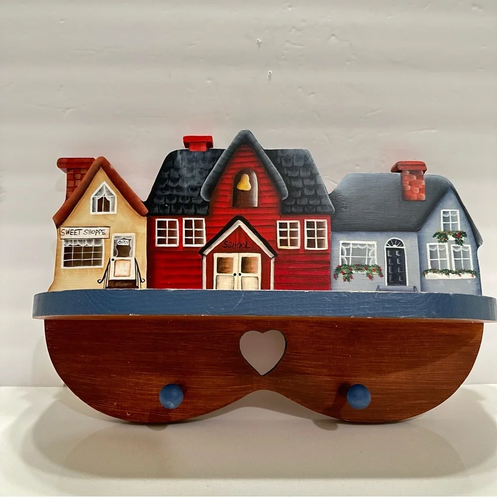 Vintage Cottagecore Village Scene Wooden Wall Shelf‎ Hooks Heart Hand Crafted